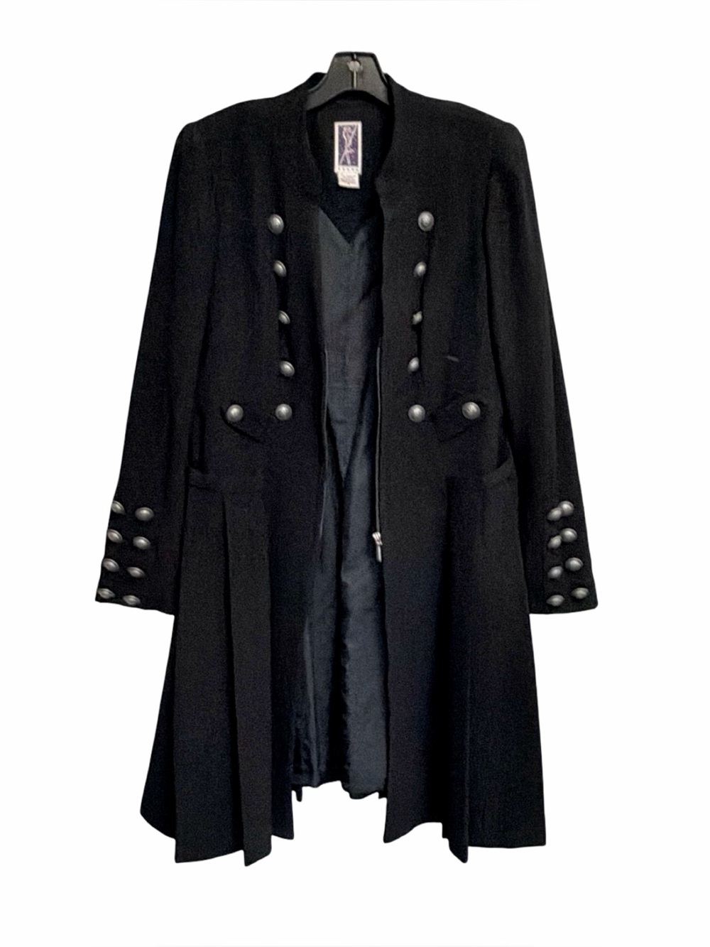 Zelda Women’s Military-Chic Long Coat | Black w/ Silver-Tone Buttons | Size 6 - Picture 11 of 12